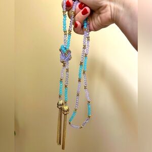 Vintage Double-Tassel Lariat Necklace, Rondell Faceted Bead , 46 Inch End-to-End